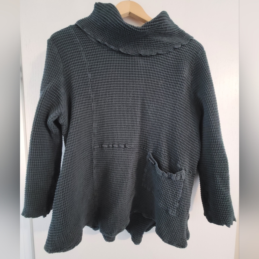 Dark Teal Waffle Knit Cotton Cowl Neck Tunic Sweater